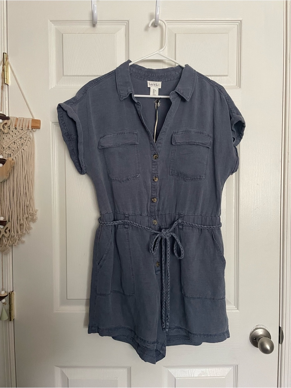 NWT Nicole Miller NY size L Washed Navy Button-Front Romper w Drawstring Waist